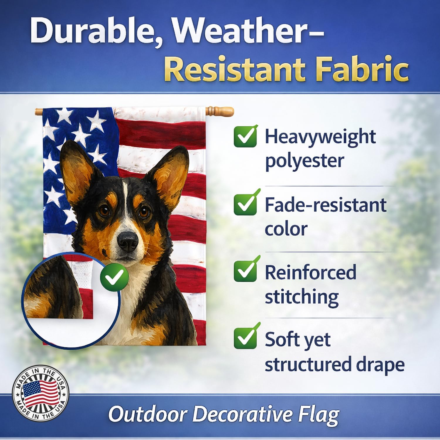 Caroline's Treasures Tri-color Pembroke Welsh Corgi American Flag House Flag Large Porch Sleeve Pole Decorative Outside Yard Banner Artwork Wall Hanging, Polyester, House Size, Multicolor