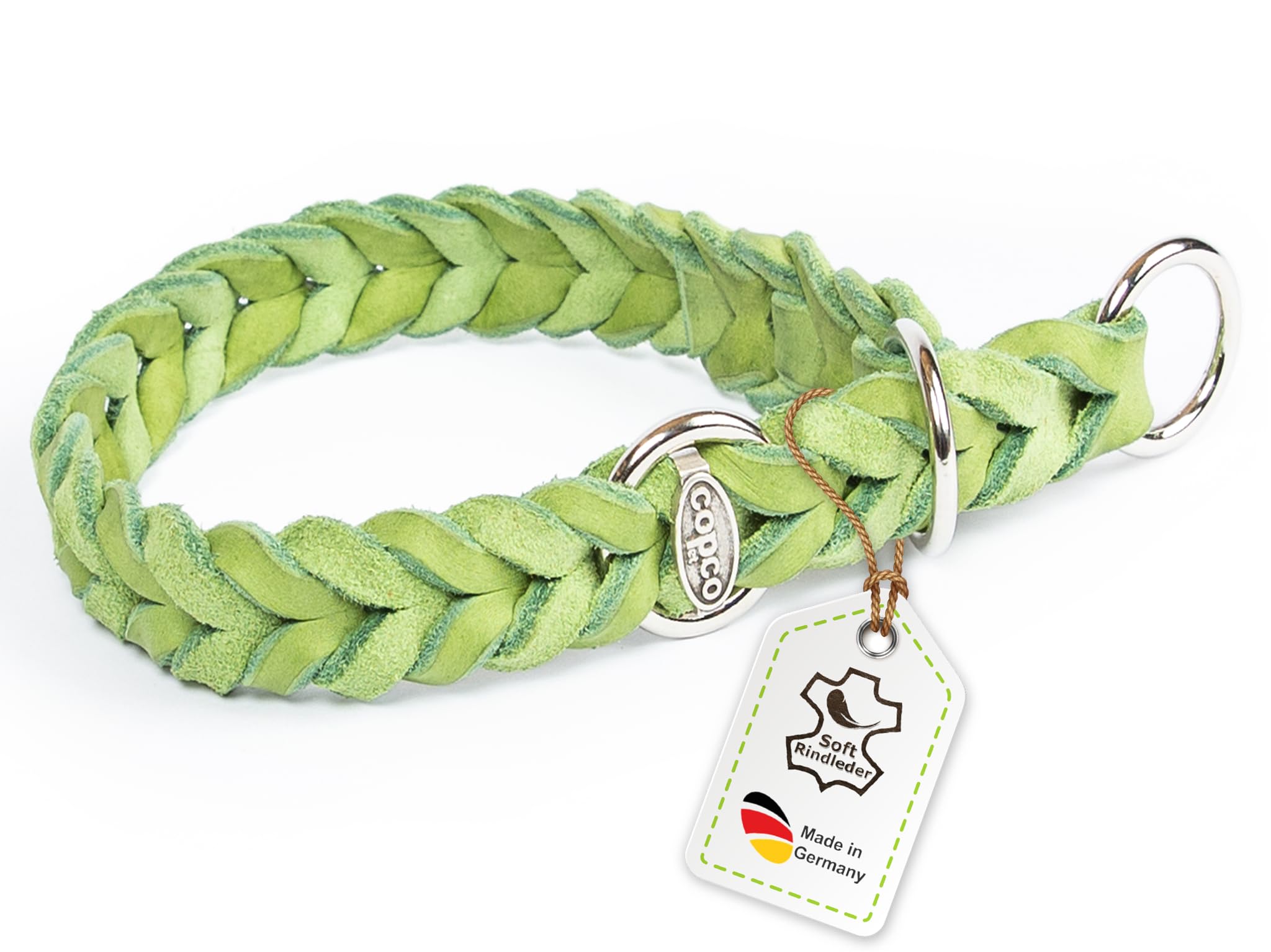 CopcoPet Hundehalsband Würger 40–45 cm x 25mm Grün – Geflochtenes Halsband mit Zugstopp & verchromtem Ring – Aus robustem Fettleder – Für mittelgroße Hunde – Weiches Lederhalsband fürs Training