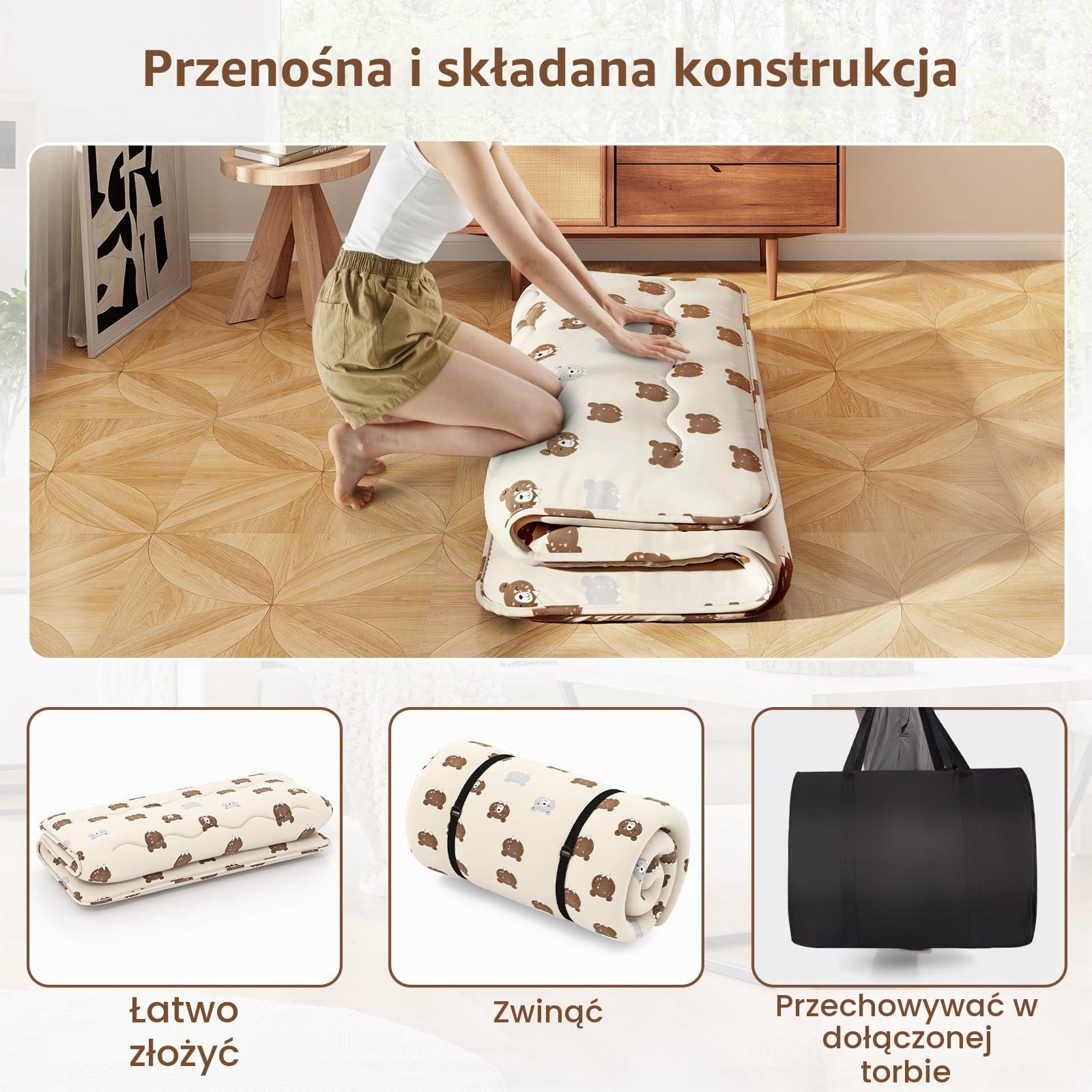 COSTWAY Japoński materac futon, mata tatami, materac podłogowy, składany materac z poszewką nadającą się do prania, składana mata do spania z torbą do noszenia, niedźwiedź brunatny, 140 x 200 cm