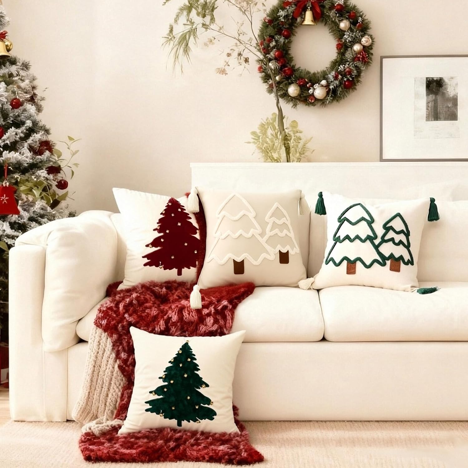 2PC Christmas Throw Pillow Covers 20x20 inch Set of 2 Xmas Tree Decorations Soft Velvet with Bells,New Year Farmhouse Pillowcase Winter Holiday Decor