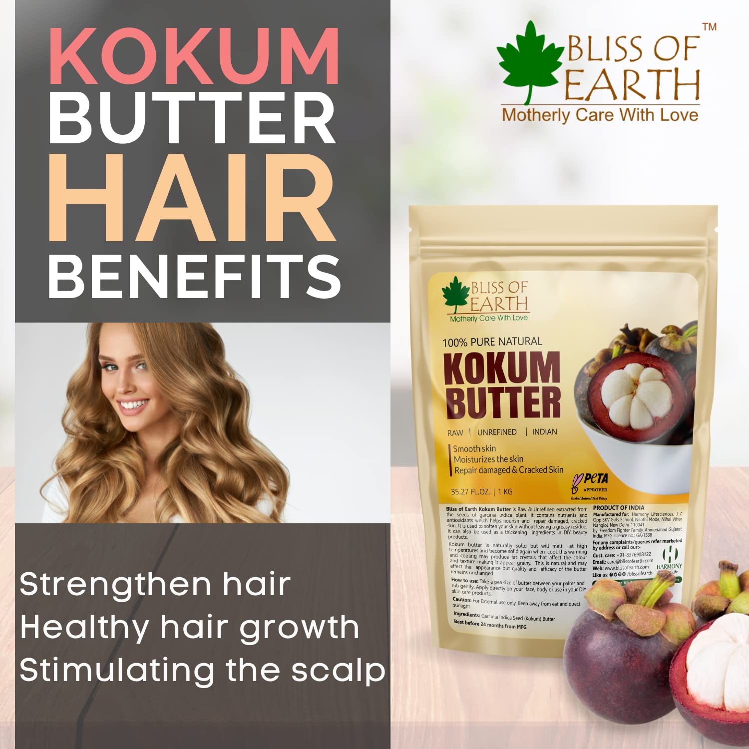 Bliss of Earth Kokum Butter Raw Organic Unrefined Moisturizer for Skin, Stretch Marks, & Scars, Kokum Butter for Hair, Body & Lips, Heals & Soothes Damaged Skin & Burns – 500g