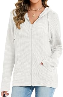 Womens Waffle Knit Full Zip Up Hoodie Long Sleeve Sweatshirt Tops