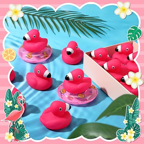 Miniatura 4 de Honoson Patos de goma de flamenco a granel, flamencos rosados, juguetes flotantes, chirriantes, patos de goma para fiestas de baby shower,