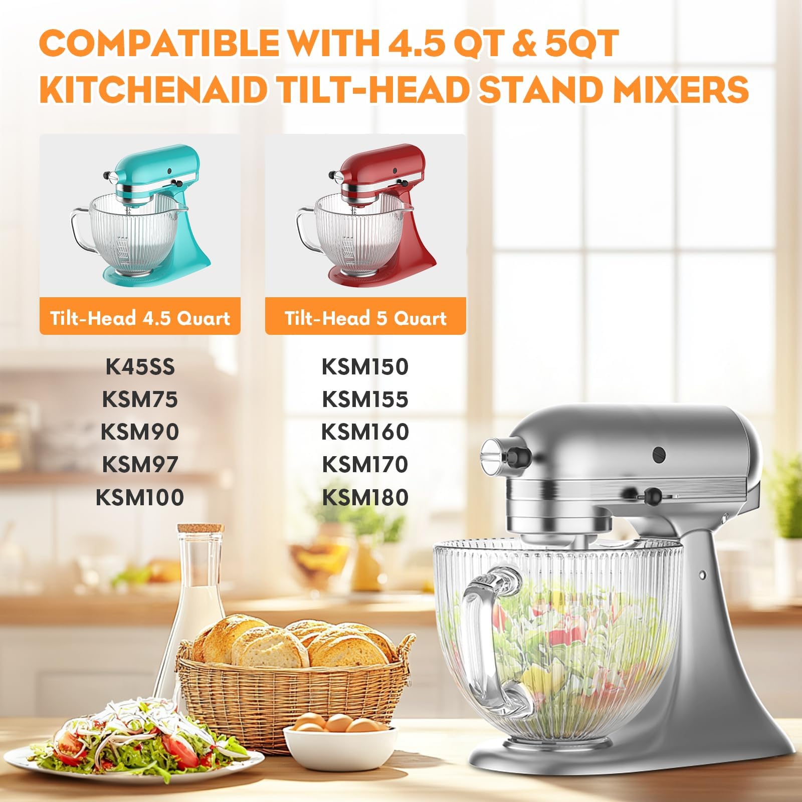 Cofun Glass Mixer Bowl for Kitchenaid Tilt-Head Stand Mixers 4.5-5 Quart, 5 qt Mixing Bowl Replacement for Kitchen aid with Measurement Markings,Handle