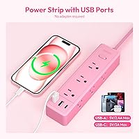 Vista 5 de Pink Power Strip, NTONPOWER Power Strip Flat Extension Cord 15FT, 9 Outlets 3 USB Ports(1 USB C), Wall Mount, 1080J, Multiple Outlets for Home