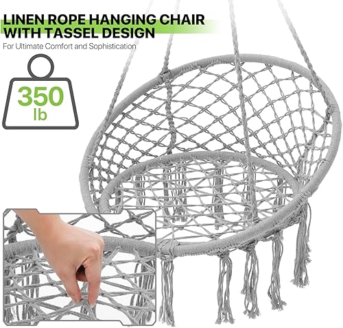 Miniatura 7 de Magshion Hamaca de 2 asientos con 3 cojines, columpio colgante de macramé con borlas, malla de cuerda de algodón estilo bohemio para uso en