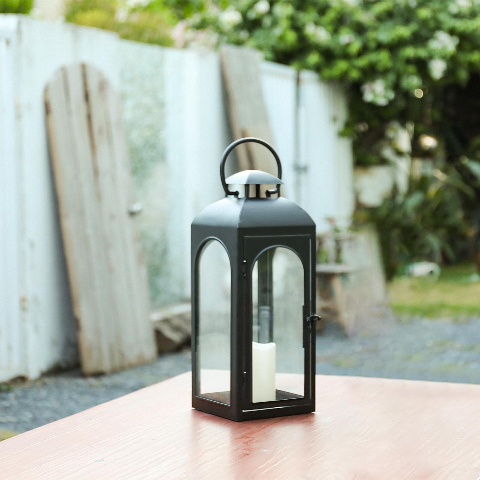 Farol decorativo de metal y vidrio de acero inoxidable de 16 pulgadas con efecto de cera electrónica, iluminación decorativa para interiores y exteriores, estética hecha a mano, perfecta para el