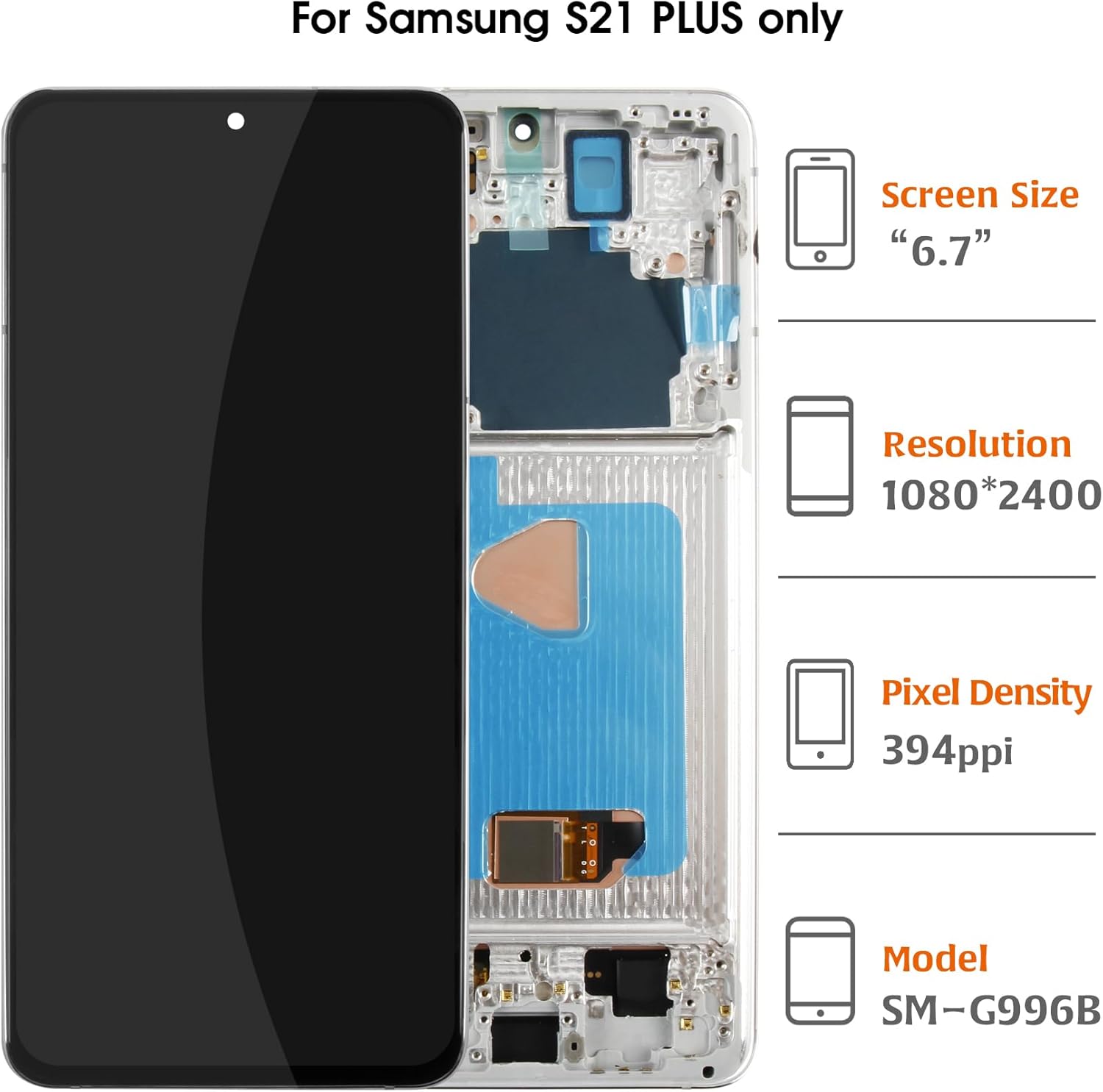 OLED Galaxy S21 Plus (Fingerprint Support) LCD Screen Replacement for Samsung Galaxy S21+ S21 Plus SM-G996 LCD Display Touch Digitizer Assembly (Silver Frame Galaxy S21+)