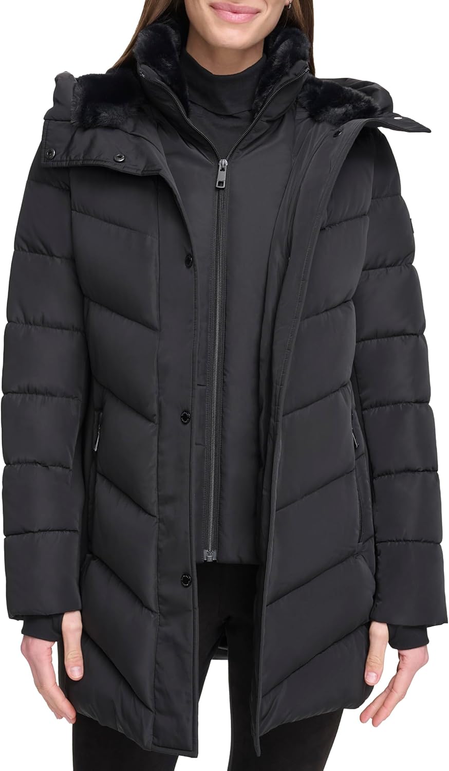 Calvin Klein Women's Long Quilted Jacket With Faux Sherpa Lined Hood and Inset Bib