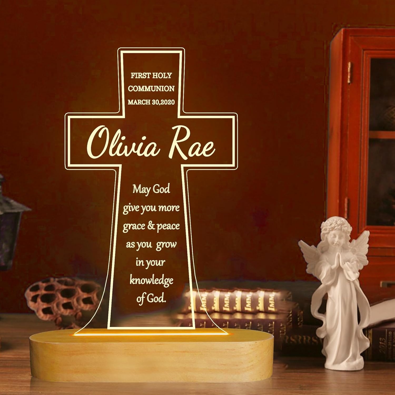 Ammonite Personalised First Communion Gift, Customize Cross Wooden Lamp Novelty Night Light lamp for Kids, Kids Decoration Lamp USB Power Bedroom Decor Godparents Gifts Christening Dedication Gift