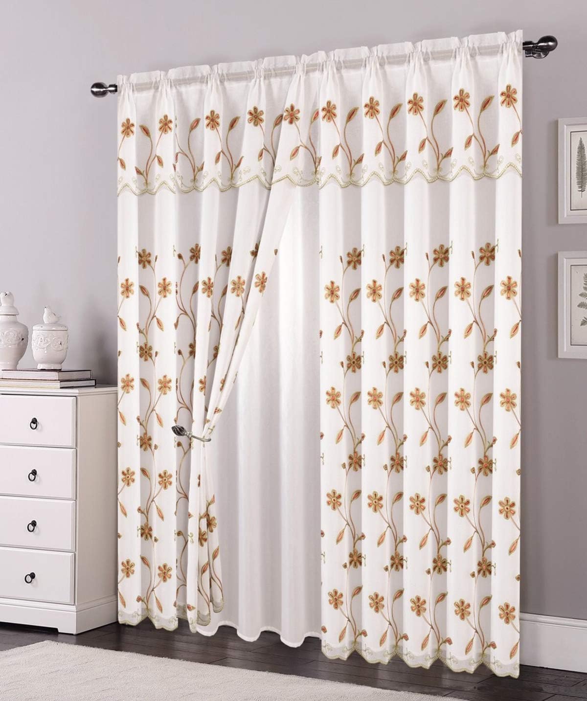 OPT. Brand. Set of 2 Panels Double Layers Voile Sheer Embroidered Rod Pocket Window Curtain Panels and Valance. 81006-2 (White)