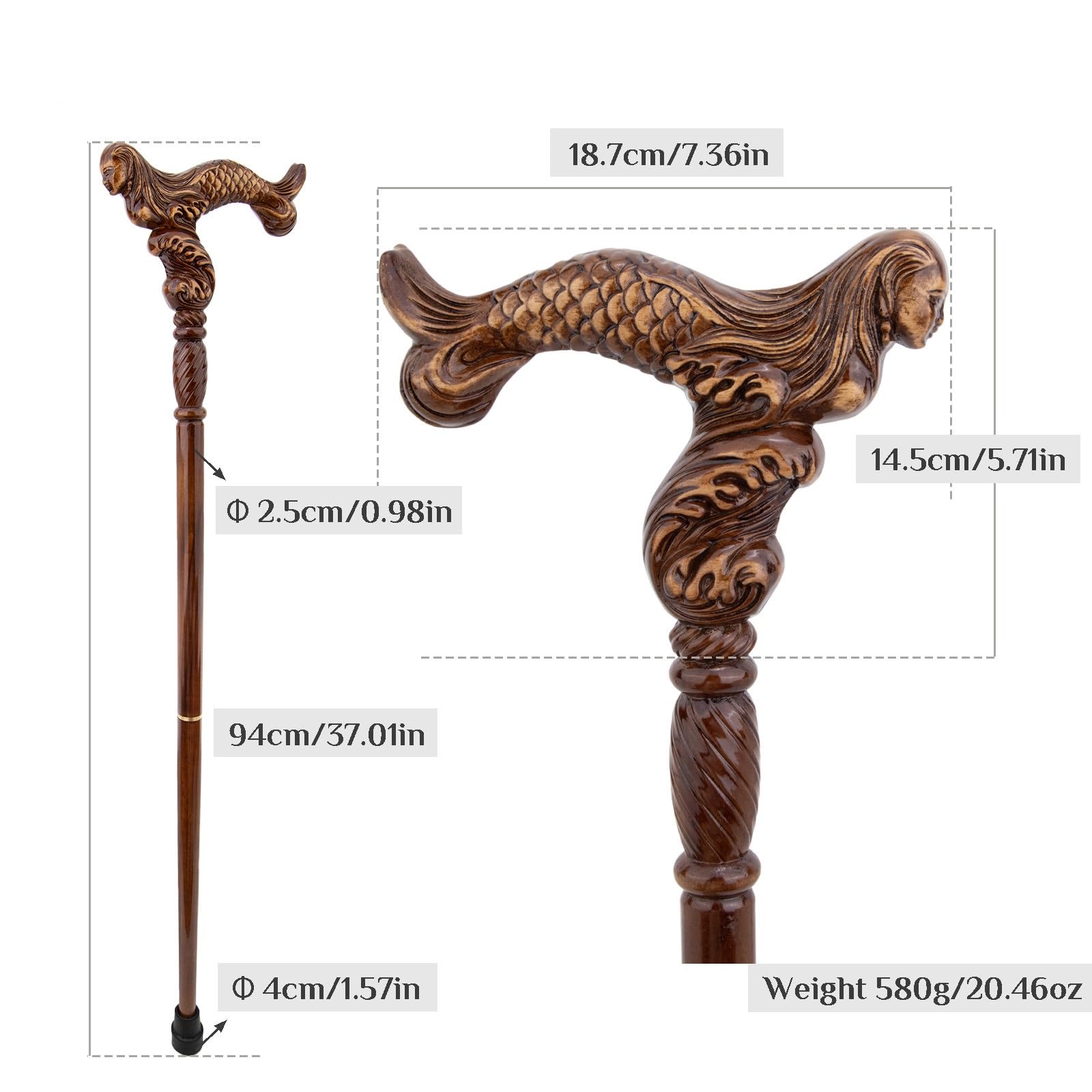 Bastone da Passeggio in Legno con Sirena, Bastone da Gentiluomo 37 Pollici, Manico Ergonomico e Punta in Gomma Antiscivolo Rimovibile, Unisex