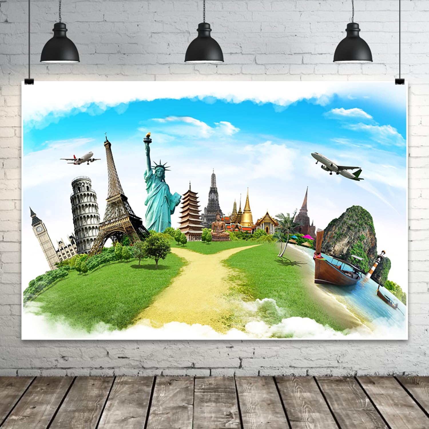 6x3m Zielony Globalny Tło Mapa Ziemi na całym świecie Słynny punkt orientacyjny Budynki Latające Świat Podróże Tło Fotografia Dzieci Dorośli Portret Photoshoot Rekwizyty