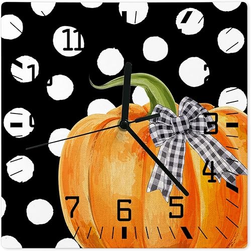 Thanksgiving Wooden Wall Clock Silent Non Ticking, Orange Pumpkin Fall Black White Polka Dot Square Wall Clock Battery Operated, Decor Clock for