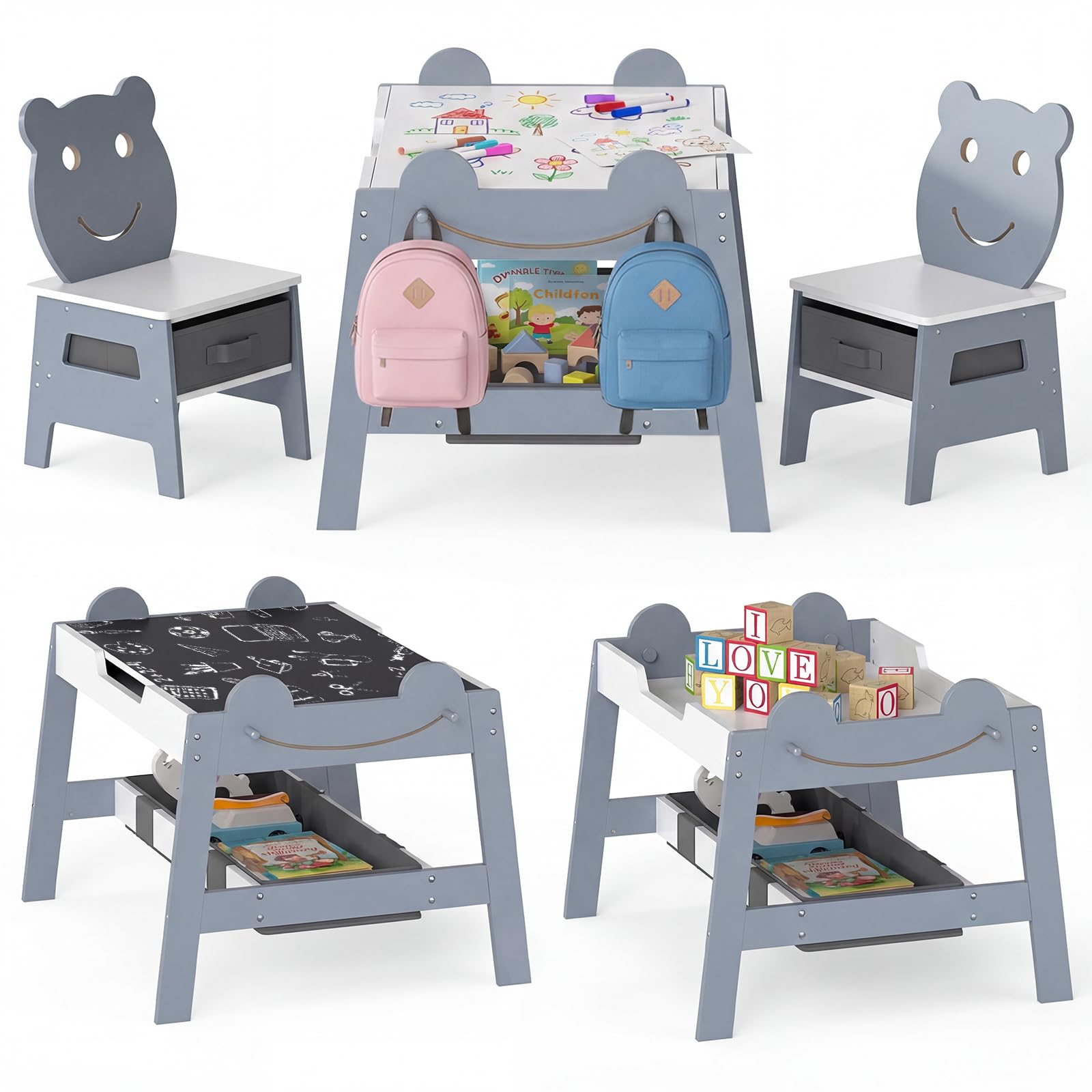 Table enfant avec chaises GOPLUS 5 en 1 en bois gris ours