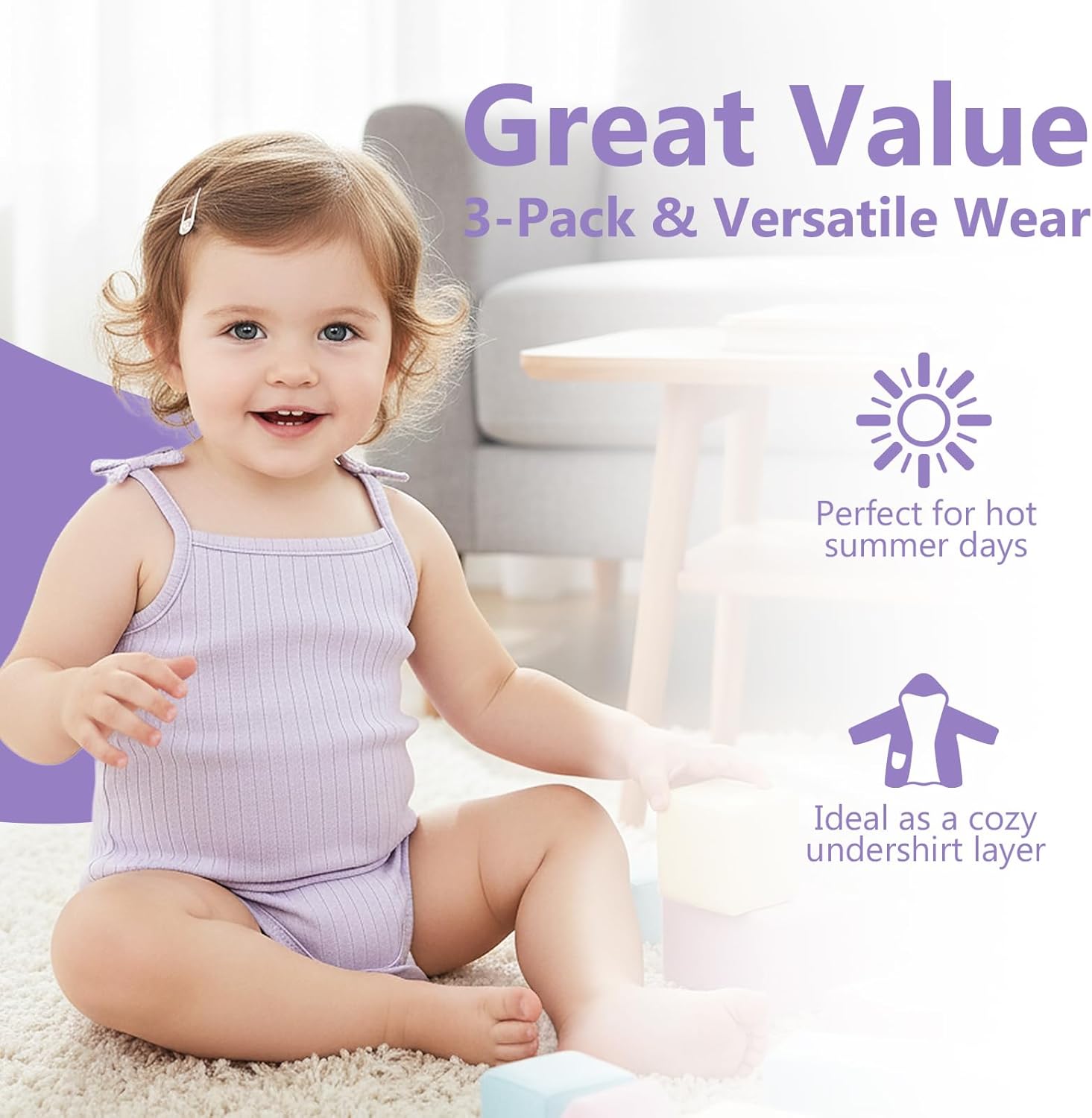 OPAWO Sleeveless Onesies for Baby Girl Tank Top Onesies 3 Pack Ribbed Newborn Bodysuit Girl Summer Clothes Undershirts 0-24M - Image 6