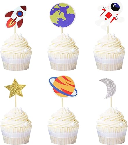 Ercadio 1 paquete de decoración para tartas de niña espacial, luna, estrella, cohete, planeta, decoración de pasteles, espacio de feliz cumpleaños,