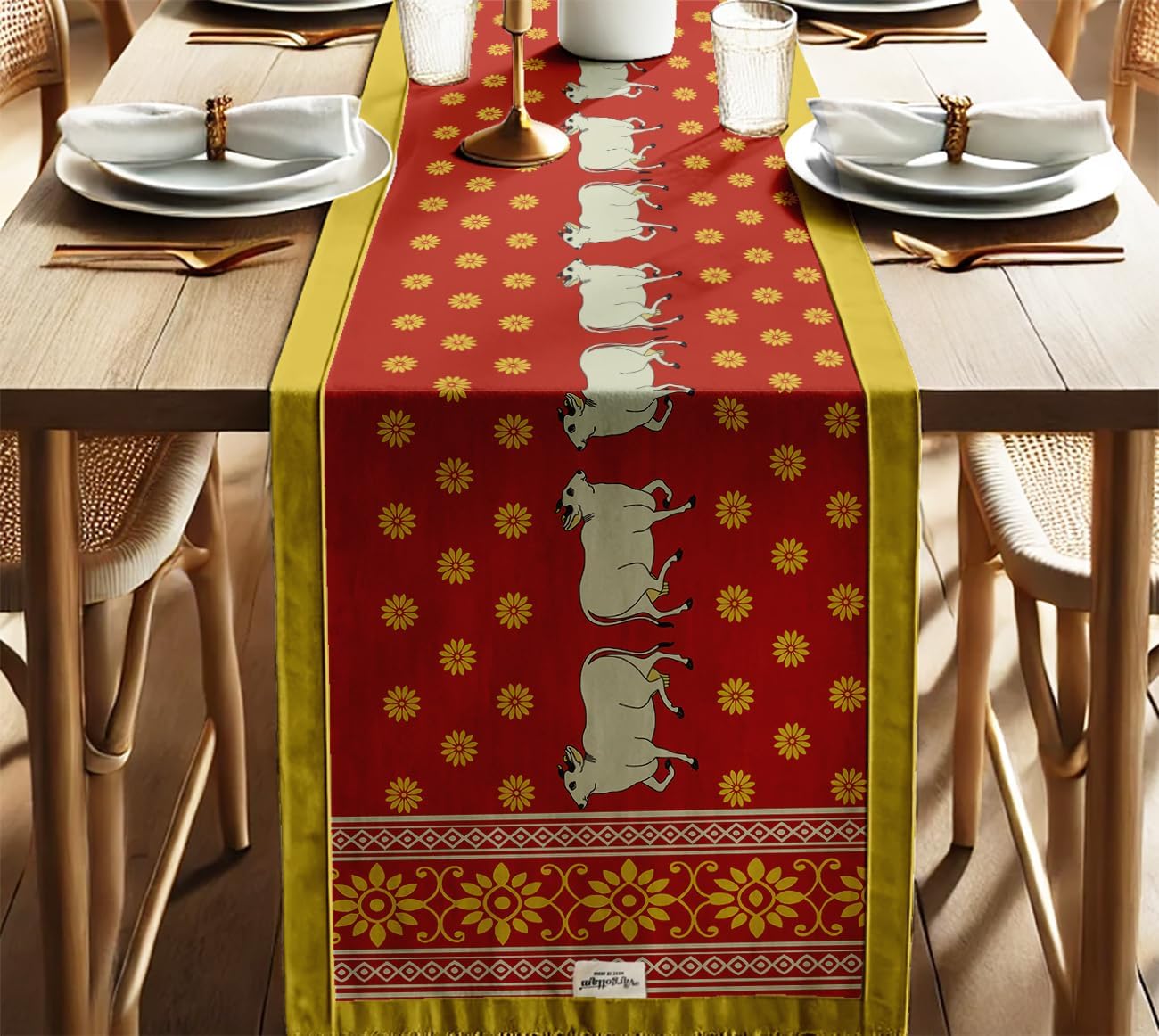 Handcrafted Double Layer Cotton Table Runner - Vargottam Fabric Table Linen with Border - Machine Washable, Stylish Runner for Dining & Console Tables - Animal