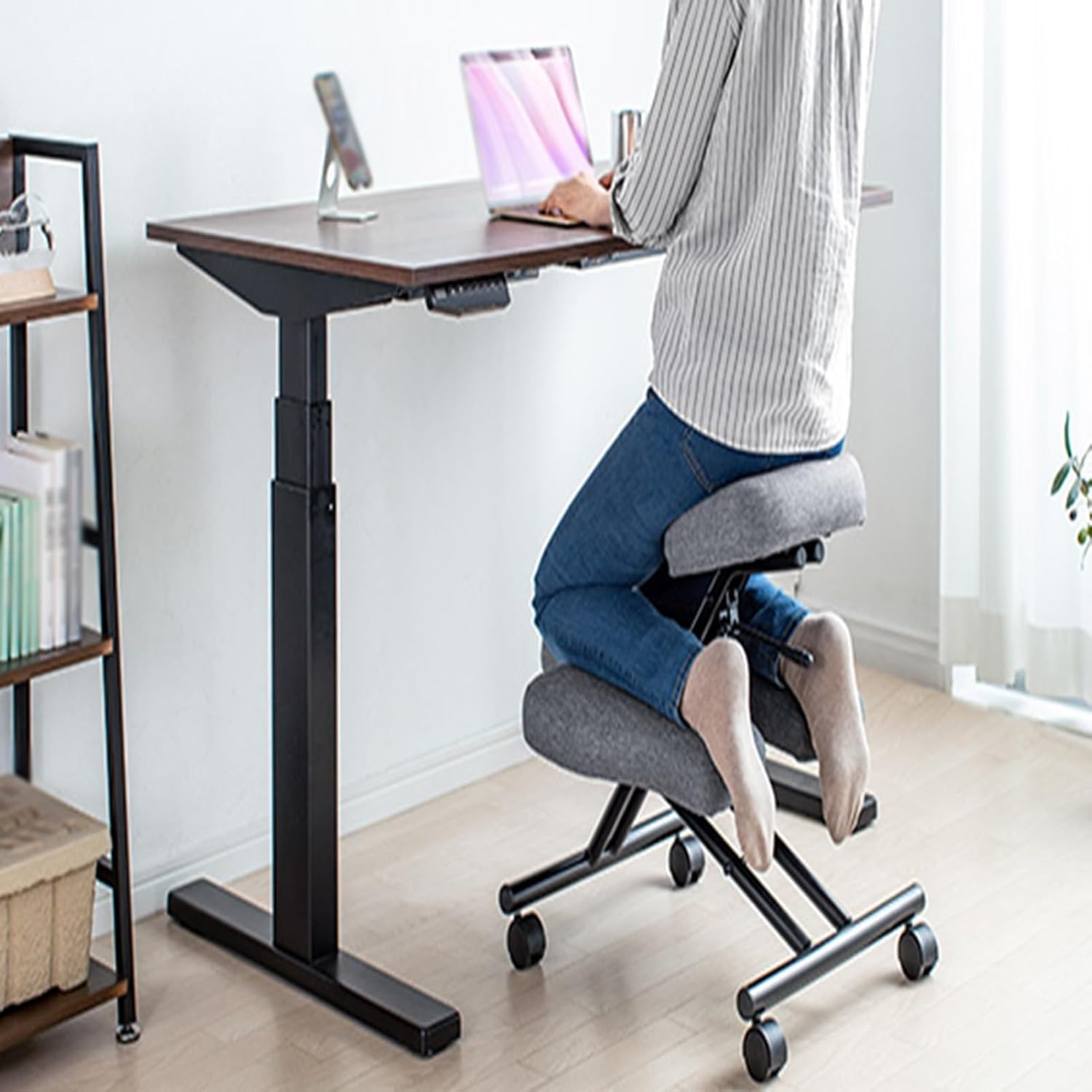 Kneeling Desk Chair,Linen Cushion-Office Desk Stool,with 4 Casters and Height Adjustable,for Posture and Leg Circulation