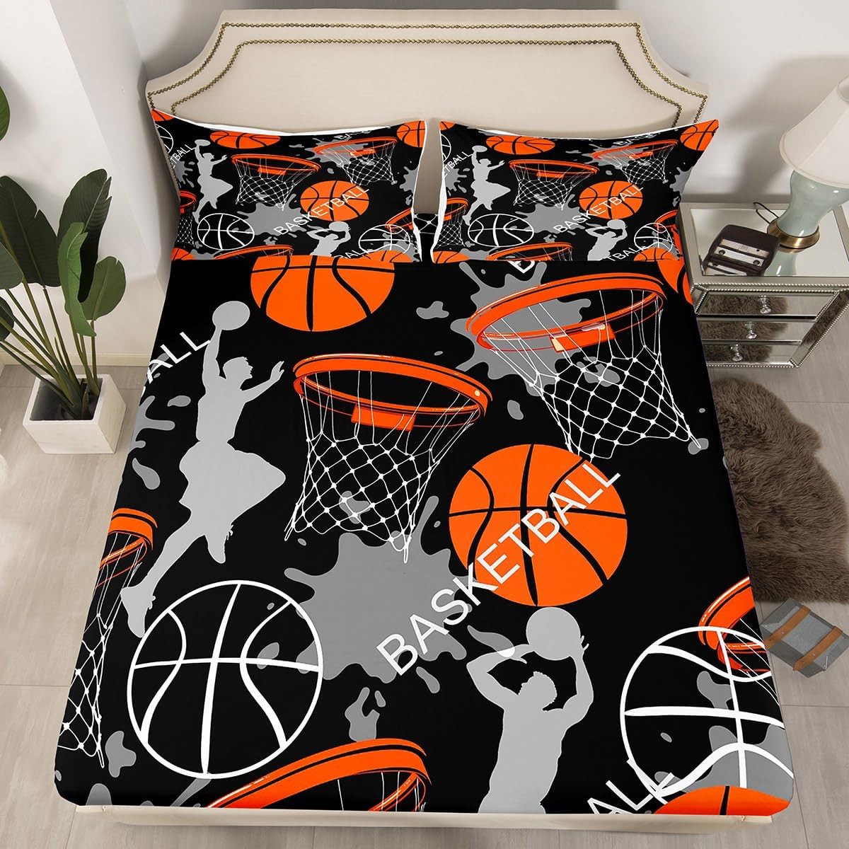 Basketball Fitted Sheet for Kids Boys Girls Teens Sport Theme 3D Basketball Star Slam Dunk Bed Sheet Set Skin-Friendly Microfiber Bed Cover Decor 3Pcs Bedding Set with 2 Pillowcases Queen