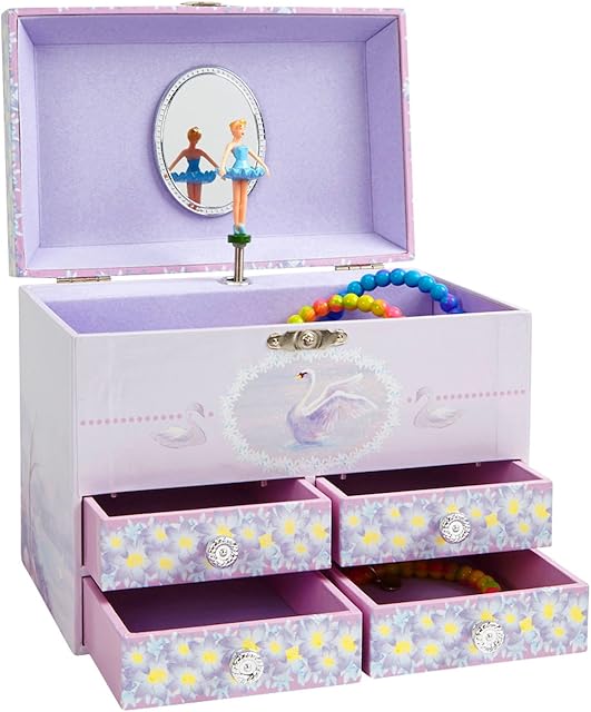Jewelkeeper Stars and Swans Large Musical Ballerina Jewellery Storage Box with 4 Pull-out Drawers, Girl's Jewel Box, Swan Lake Tune