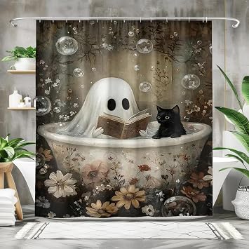Funny Halloween Ghost Reading Book in Bathtub Shower Curtain Vintage Ghost and Black Cat Gothic Bath Tub Curtain Halloween Horror Funny Cute Spooky Bathroom Decor Set Accessories 72"x72"