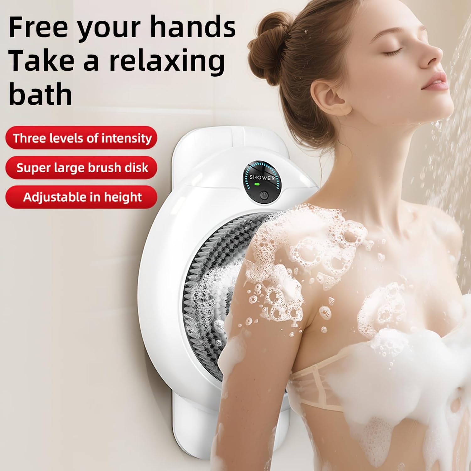 Electric Back Scrubber for Shower, Adjustable Height Shower Back Scrubber Wall Mounted, 3-Speed & 3 Replaceable Brush Heads, IPX7, Hands-Free Back Cleansing and Exfoliating Brush