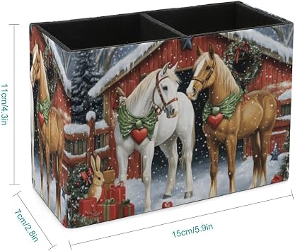 Pens Holder, Pencils Holder for Desk Organizer, Winter Christmas Horse PU Leather Pencil Cups Desktop Stationery Storage Makeup Brush Holder Pens Organizer for Office Home