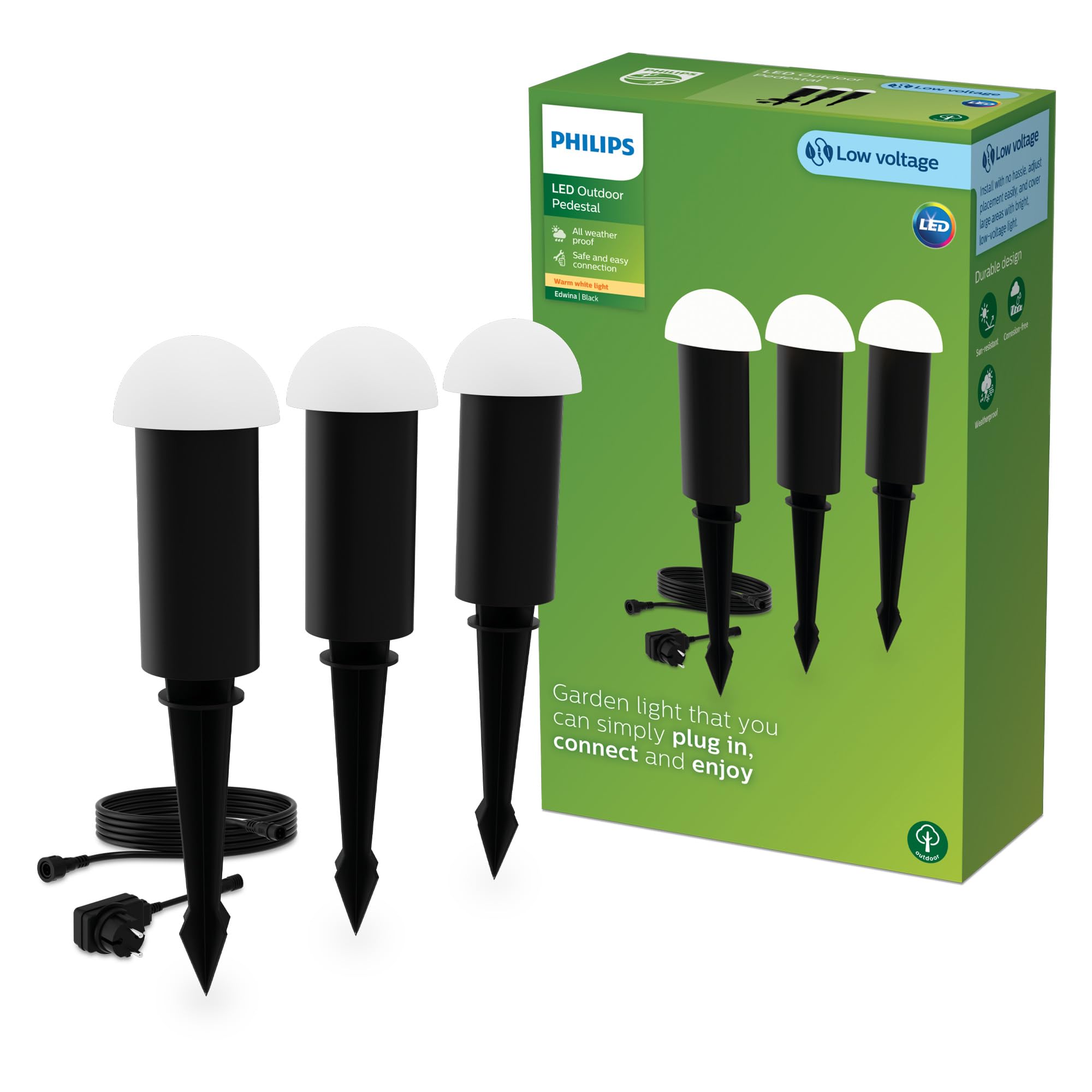 Philips Edwina Zewnętrzna Lampa na Postumencie 24 V GardenLink Niskonapięciowa, 2700 K, 180 lm, Czarna, Zestaw Startowy, 3 Sztuki, Wtyczka EU