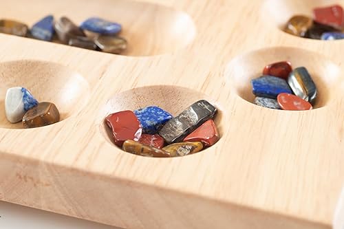 Miniatura 6 de MindWare Juego de mesa Mancala de madera para 4 jugadores con tablero plegable y mudadores de piedra Mancala - 2 a 4 jugadores