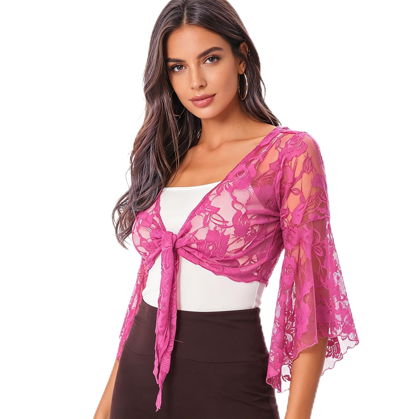 Leemiman Lady's Tribal Belly Dance Costume Lace Floral Long Sleeve Wrap Top (Rose)