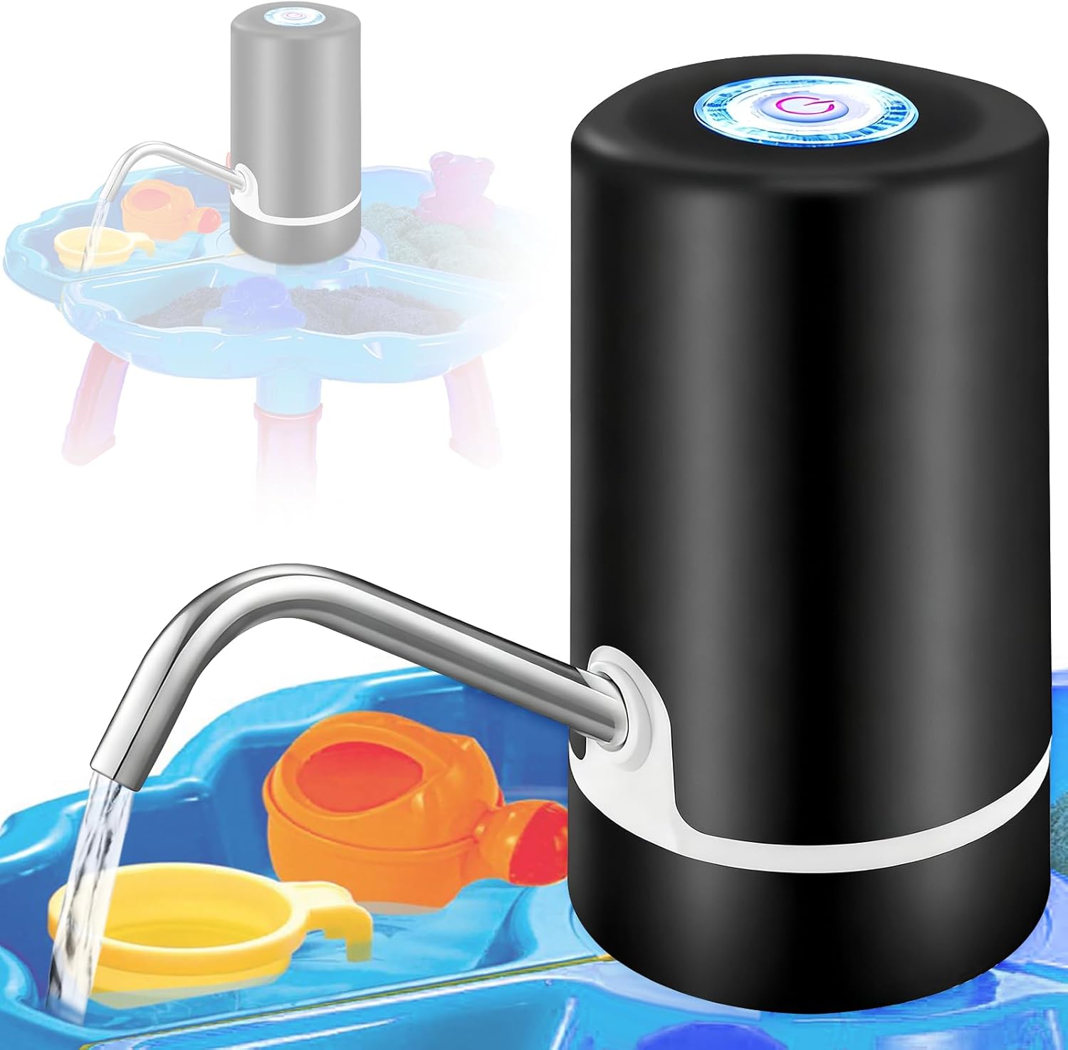 Kids Toy Water Table Pump, Rechargeable Battery Operated Water Pump for Toddler Water Table, One-Button Simple Outdoor Summer Water Play Accessory for Sand and Water Table（Black）