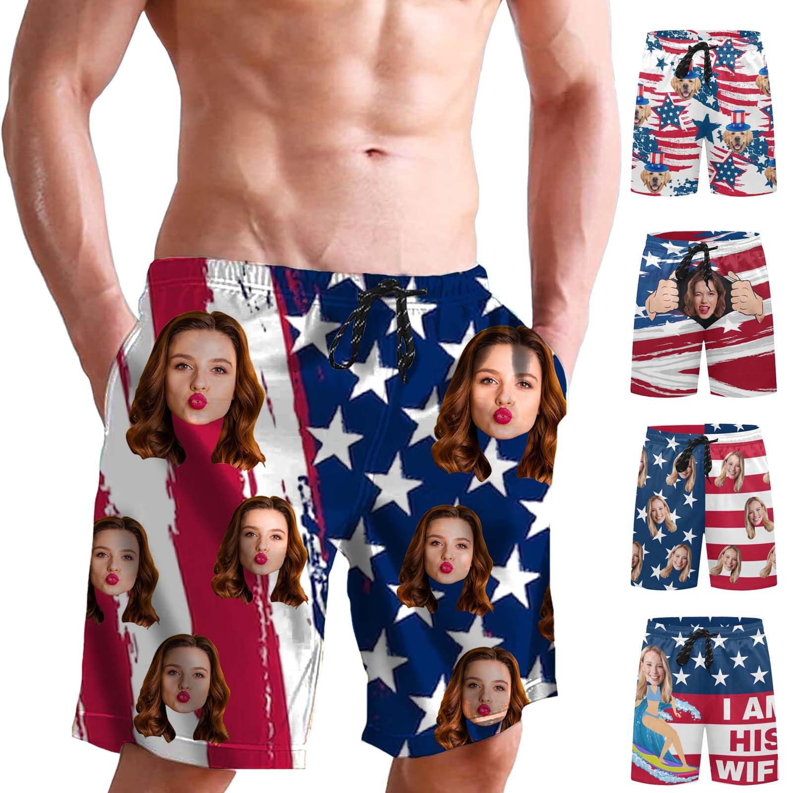 Custom Face Print Men's Swim Shorts Personalized Beach Shorts with Women Face for Men Funny Birthday Gift