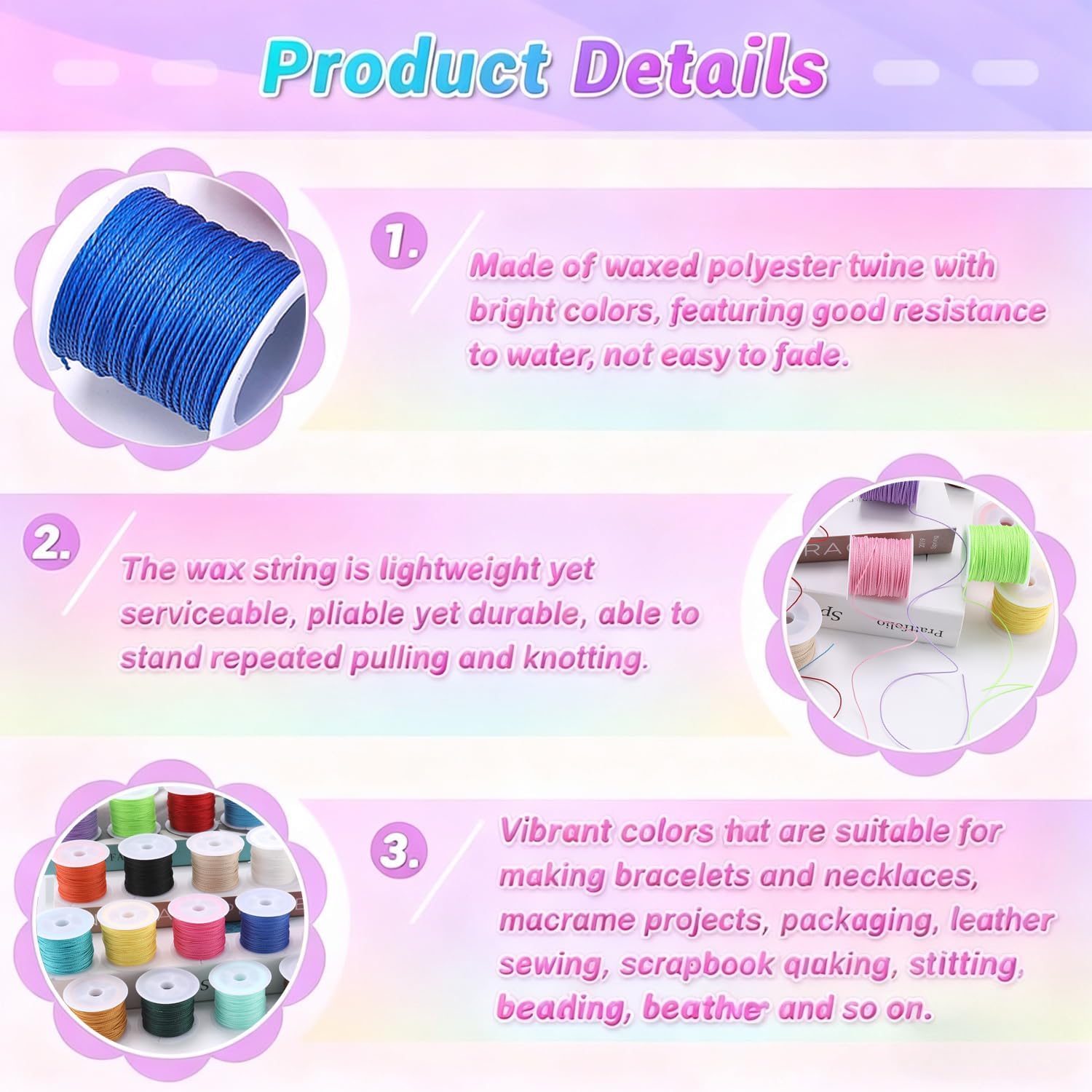 20 Colors Waxed Thread, 20 Rolls 500 Yards Total, Waxed Polyester Cord for Bracelet Making, Macrame, Necklace, DIY Jewelry Supplies - Image 4