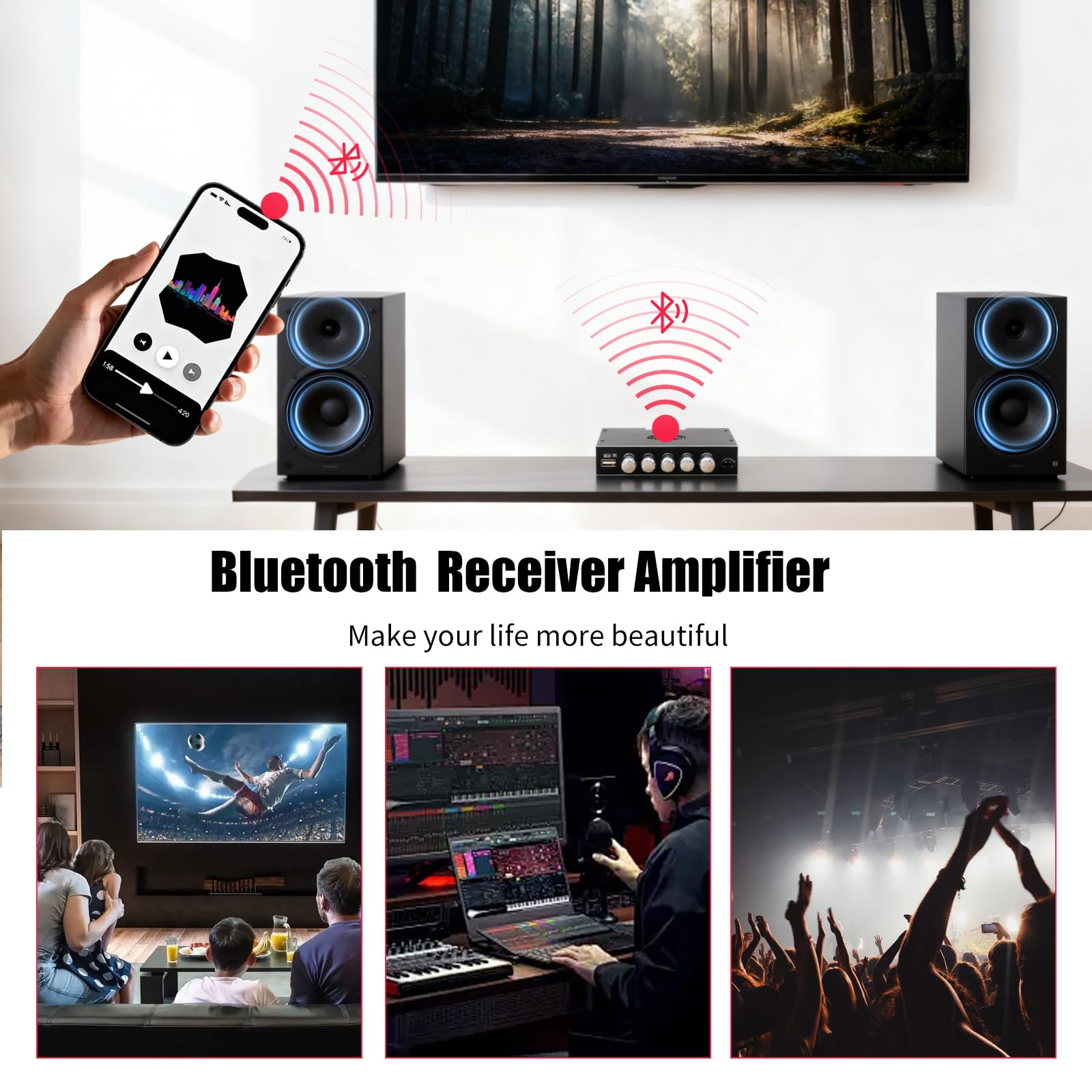 Module Amplifi HiFi 2.1 Canaux avec Bluetooth, 160Wx2 + 220W Caisson de basses, Amplificateur Stéréo Numérique Mini, Puce TDA7498E, Entrées BT 5.0/USB/AUX, DC 15-36V, Carte Son ZK-HT21 pour Home Ciném