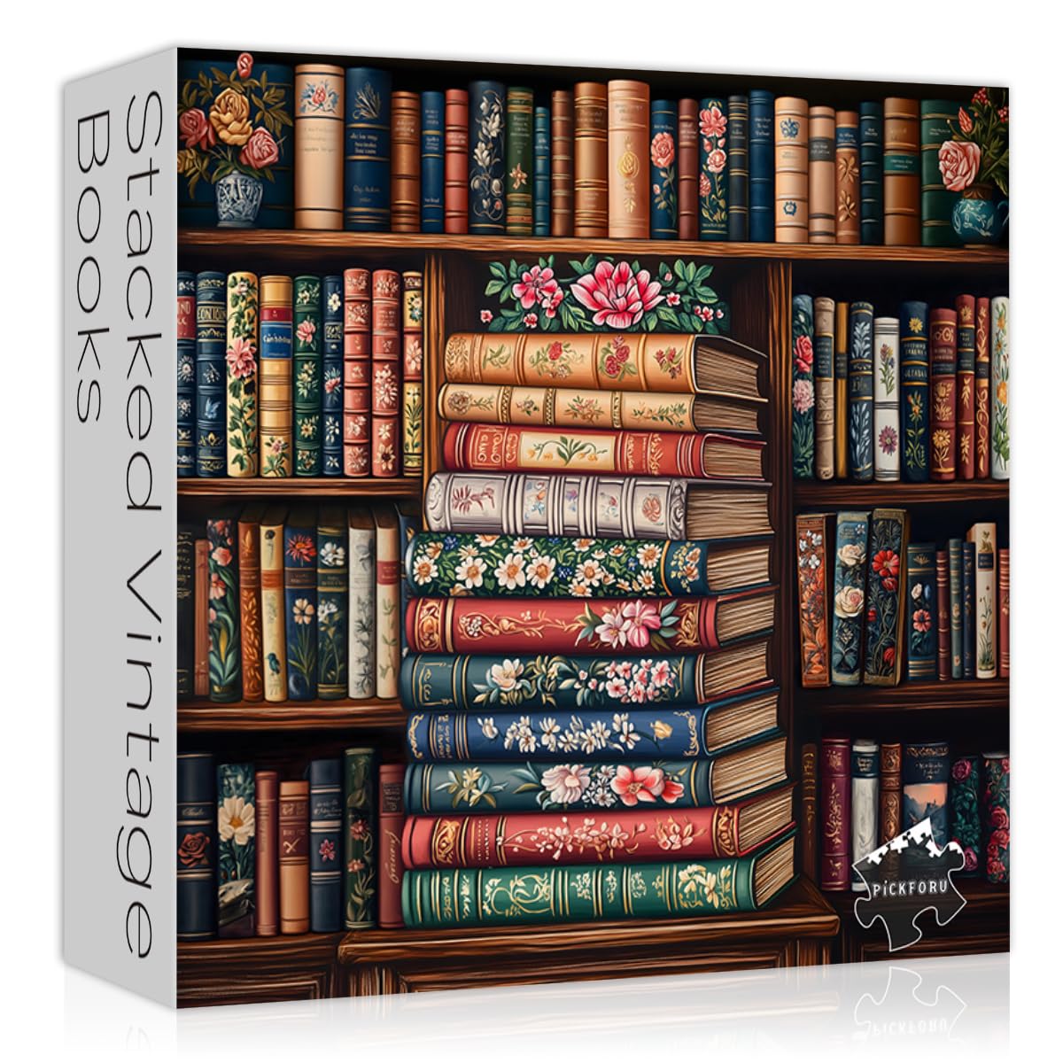 1000-Piece Vintage Bookshelf Jigsaw Puzzle - Floral Book Design, 23.85x23.85", Retro Decor