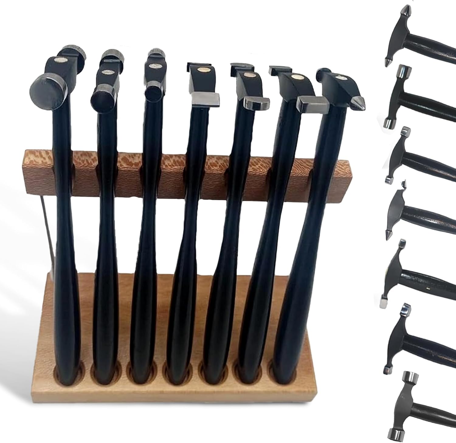 7 PCS Texture Forming Metal Hammers with Wooden Stand – Jewelry Making Hammer Set for Stamping, Forming, Metal Smithing, Wire & Sheet Crafting – Jewelry Tools Kit with Wood Handle