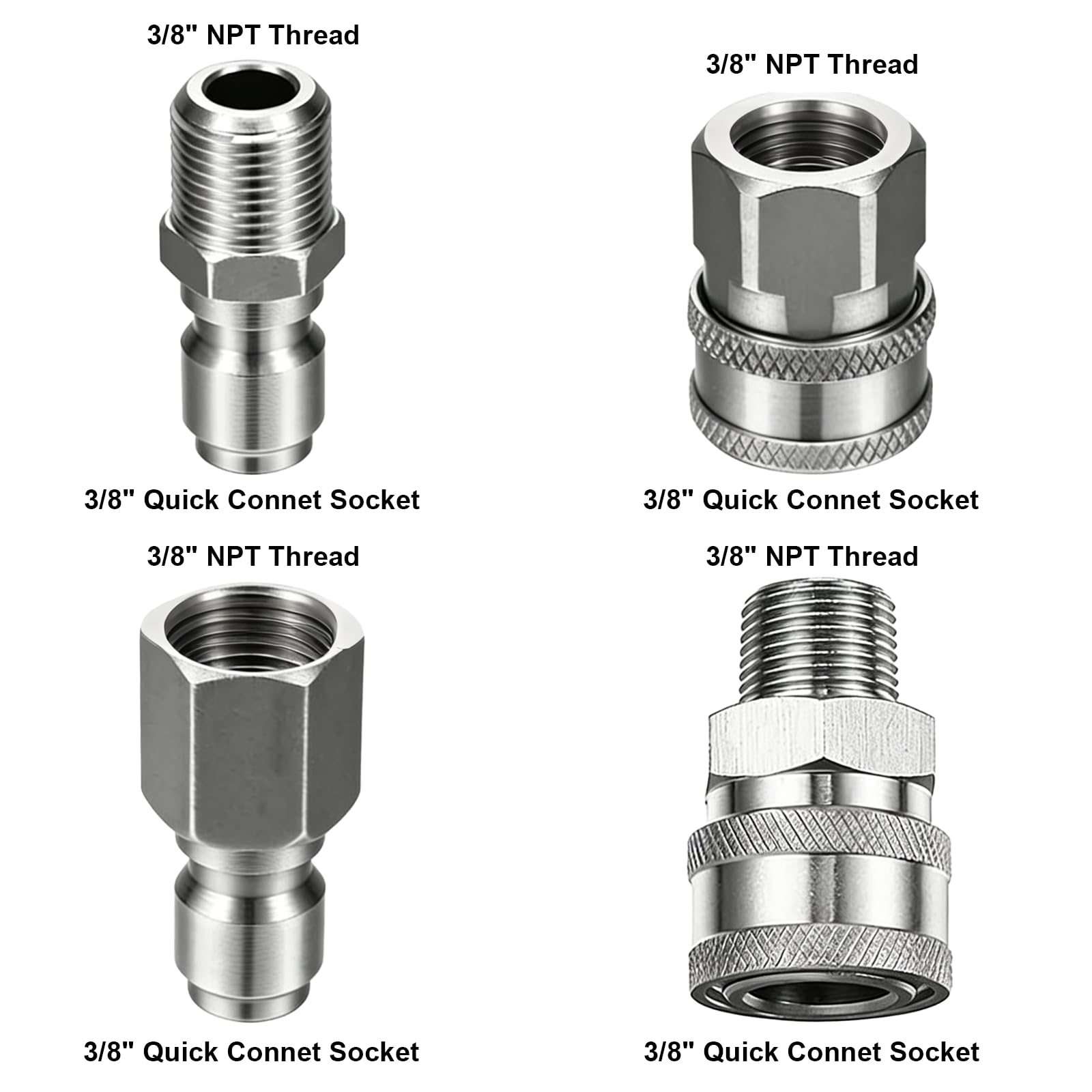 4 accoppiatori per idropulitrice NPT 3/8 a connessione rapida, raccordi in acciaio inox, accoppiatori maschio-femmina, per collegamento rapido e sgancio rapido (3/8)