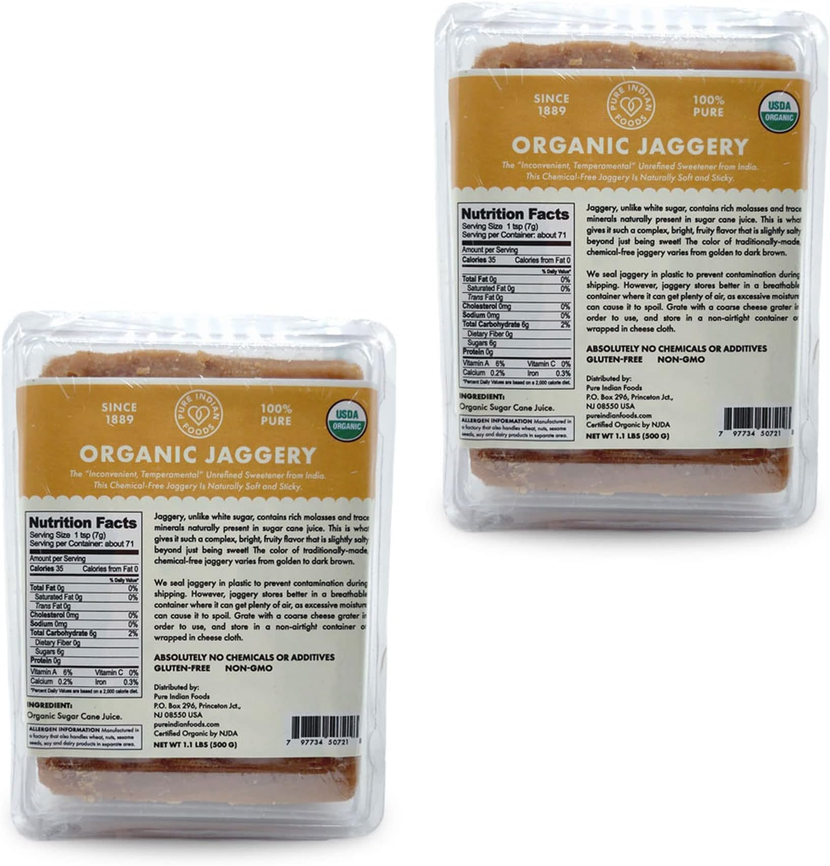 Pure Indian Foods Organic Jaggery Sugar - Known as Gur, Gud, or Panela - Raw Gluten-Free Wholesome Brown Sugar from Sugar Cane - 2-Pack of 1.1 lb (1kg total)