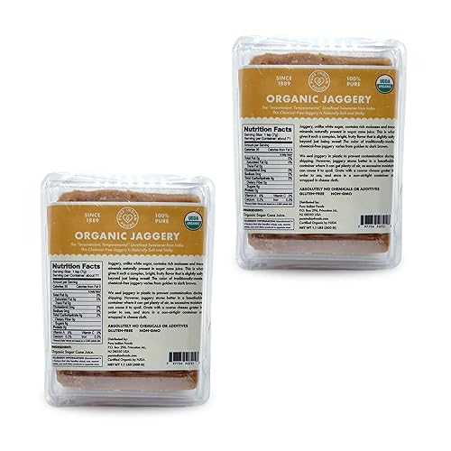 Pure Indian Foods Azúcar orgánico Jaggery - Conocido como Gur Gud o Panela - Azúcar moreno saludable sin gluten de caña de azúcar - Paquete de 2