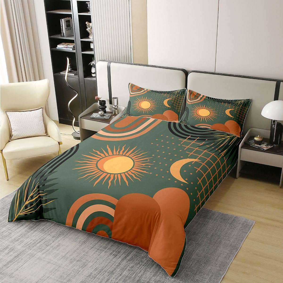Homewish Geometryczny zestaw pościeli na łóżko podwójne z połowy wieku z 2 poszewkami na poduszki - słońce i księżyc boho geometryczna bawełniana poszewka na kołdrę boho abstrakcyjne linie poszewka na