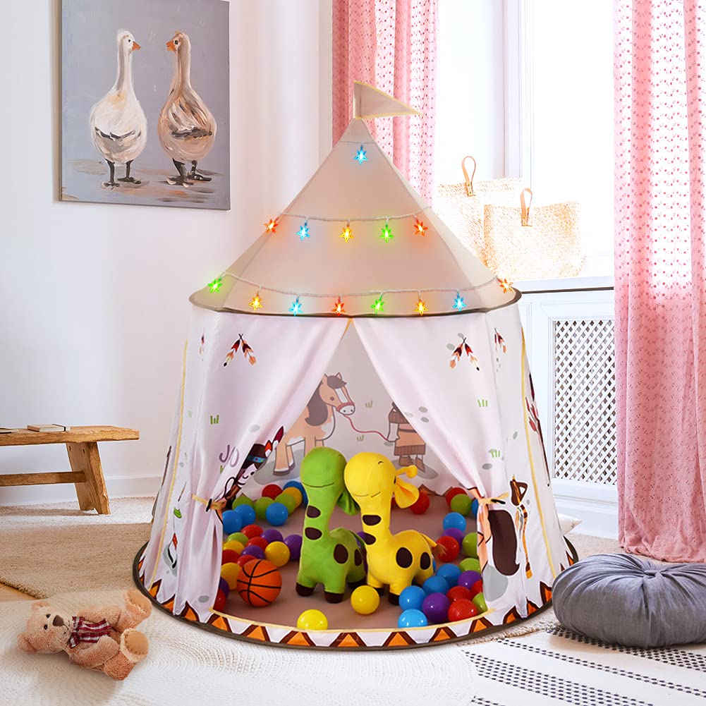 Number-one Kids Play Tent with 19.7ft LED Star Lights, Castle Play Tents for Girls Boys Foldable Pop