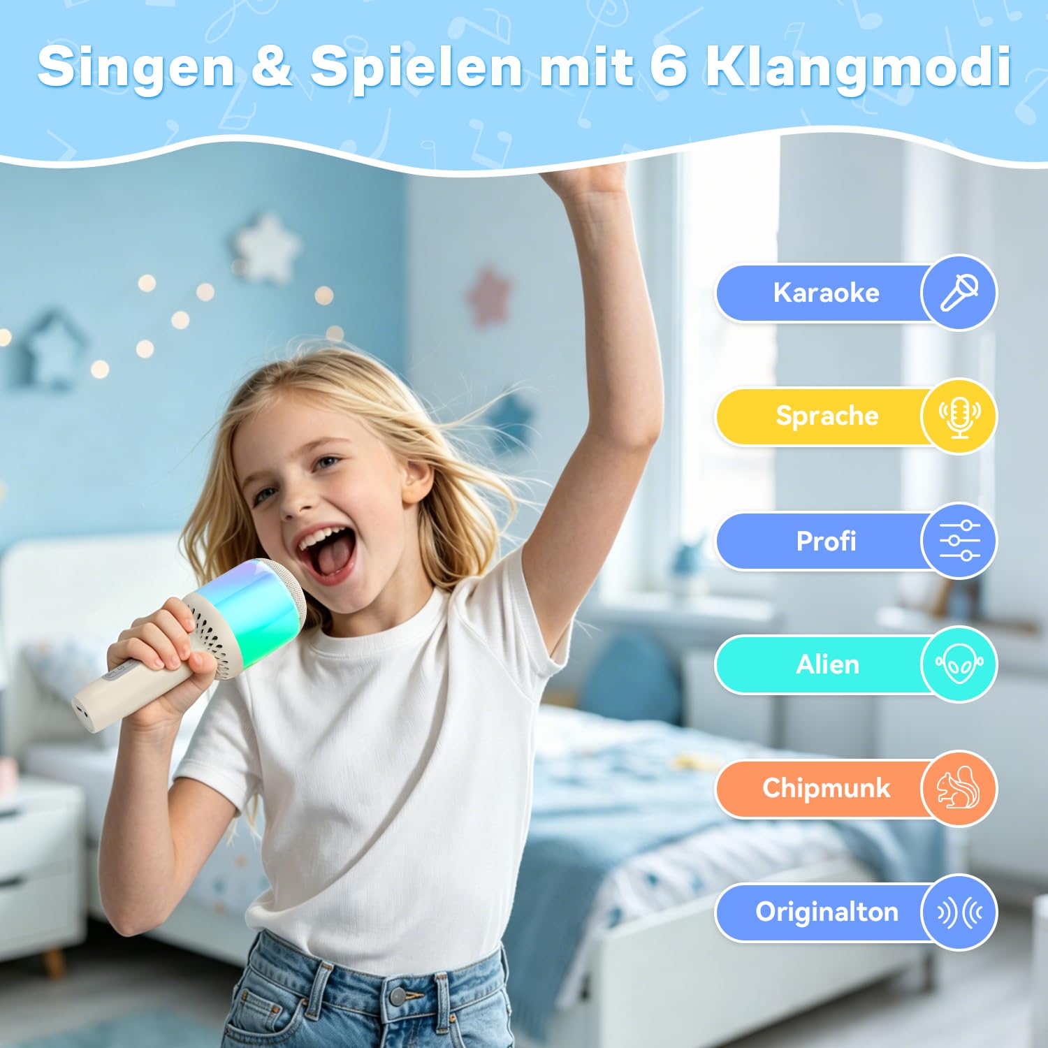 Karaoke Mikrofon Kinder, Karaoke Kinder mikrofon zum Singen, Drahtloses Bluetooth Mikrofon Karaoke mit LED Licht, 6 Soundmodi, 10H Akku, Kompatibel mit Android/iPhone, Für Party/Haus/Geburtstag