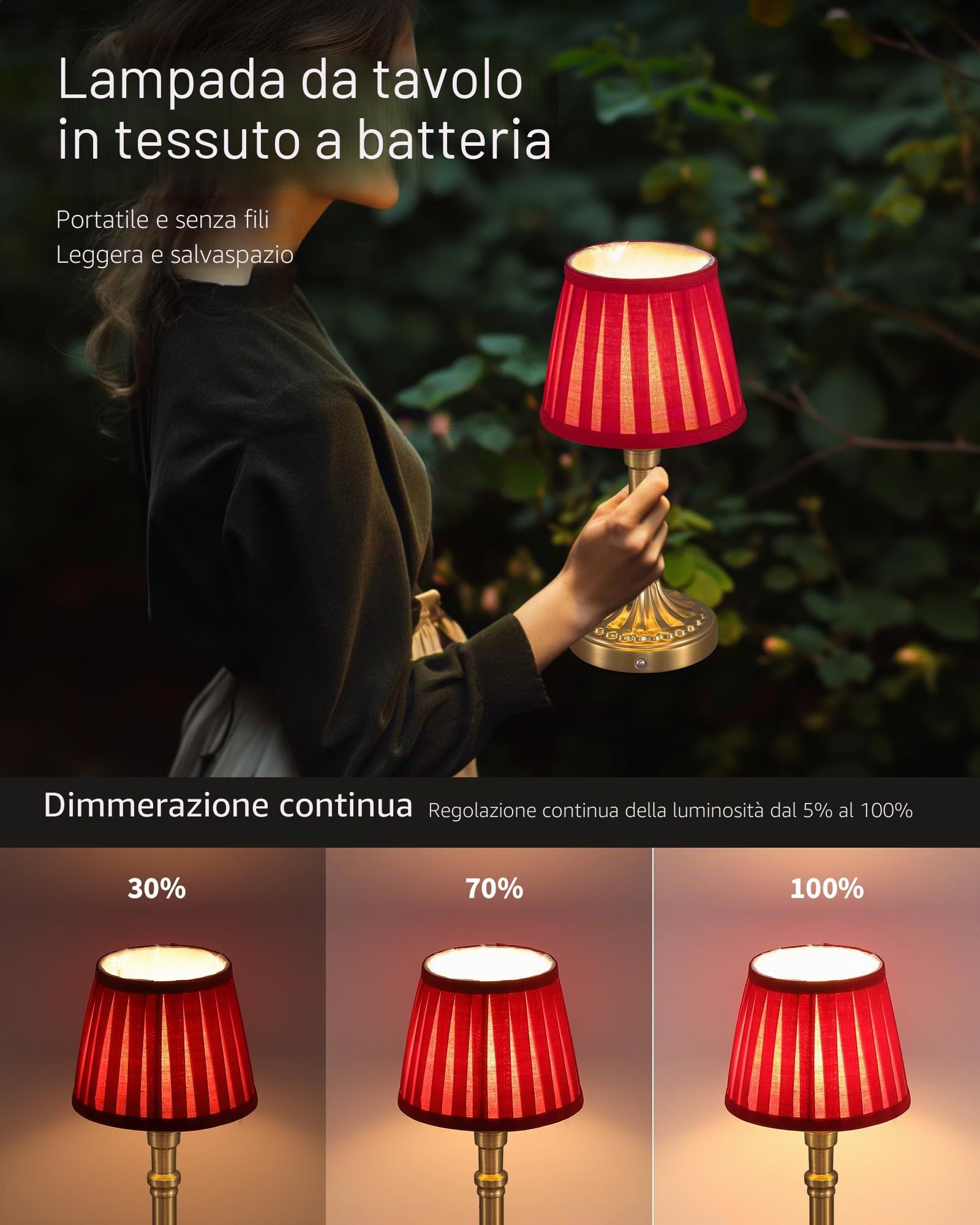 Set di 2 lampade da tavolo senza fili, piccola lampada da tavolo a LED con paralume in tessuto e batteria, lampada da comodino dimmerabile a tocco continuo per soggiorno, sala da pranzo