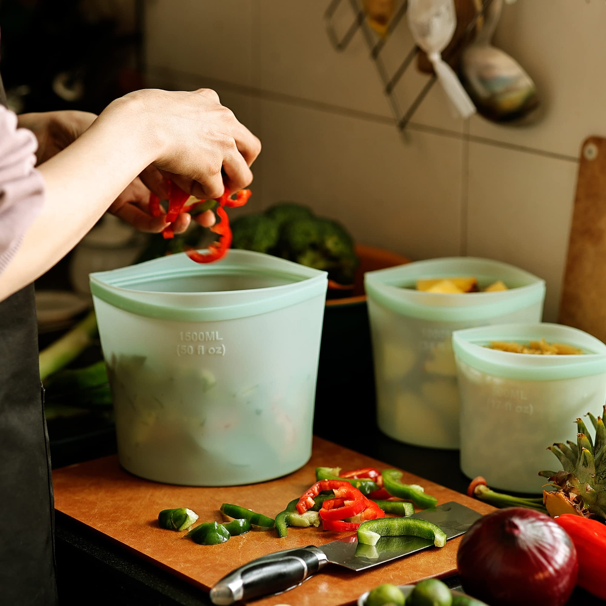 Paquete de 3 bolsas de silicona reutilizables con cremallera, material de silicona hermético para marinar carne, aperitivos y almacenamiento de alimentos (verde)