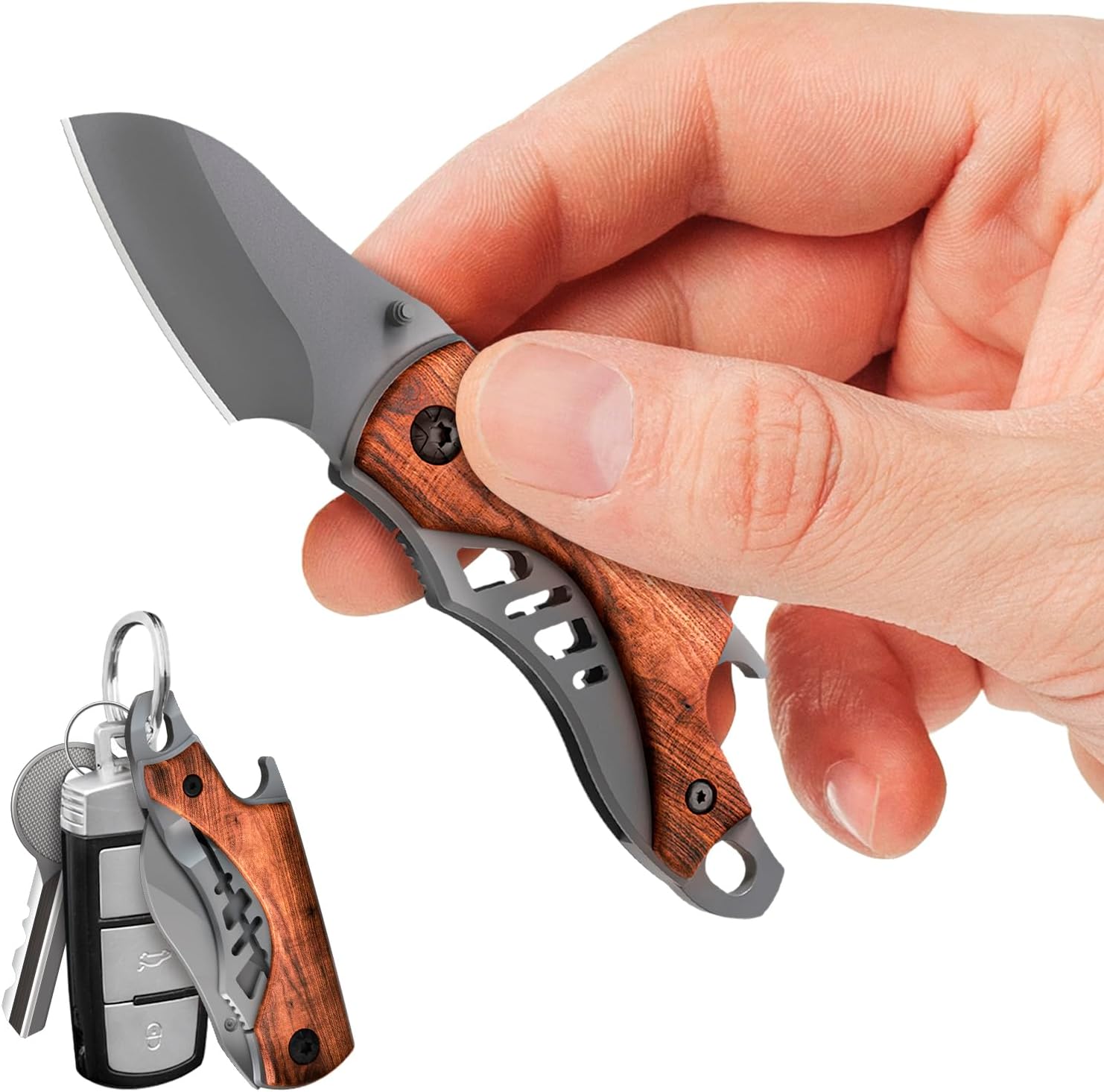 Small Pocket Knife for Men - 5.7’’ Keychain Knife with Bottle Opener - Box Cutter - Wood Handle - Liner Lock - Legal Folding Mini Multitool - Cool Sharp Tiny EDC Gadgets - Gift for Everyone 6779 N