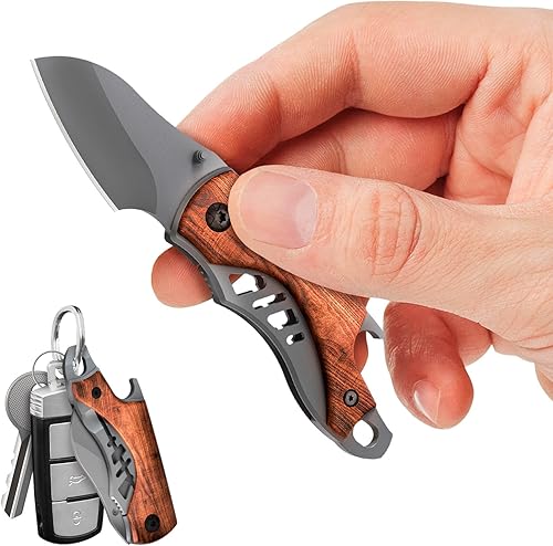 Cuchillo de bolsillo pequeño para hombres – Cuchillo de llavero de 5.7 pulgadas con abridor de botellas – Cortador de cajas – Mango de madera