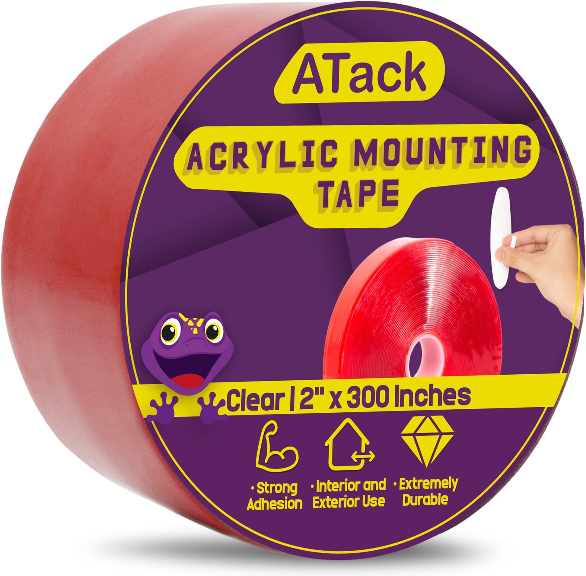ATack Double-Sided Acrylic Mounting Tape Removable, Clear, 2-inch x 300-Inch, Waterproof Indoor and Exterior Double Sides Brick Mounting Tape