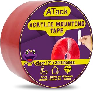 Atack Double-Sided Acrylic Mounting Tape Removable, Clear, 2-inch x 300-Inch, Waterproof Indoor and Exterior Double Sides Brick Mounting Tape