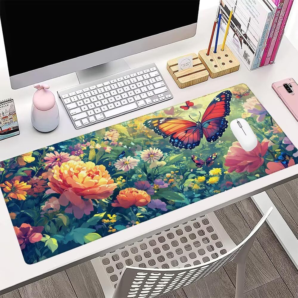 Podkładka pod mysz XXL kolorowa podkładka pod mysz biurowa akcesoria do gier klawiatura rozszerzona podkładka motyl szeroka mata do gier 1400 x 600 x 3 mm z gumową podstawą, przeszyte krawędzie